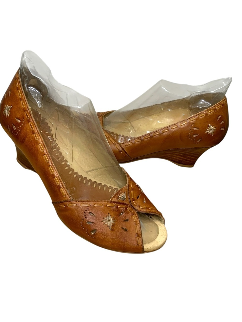 PIKOLINOS Cognac Brown Leather Peep-Toe Low Wedge Heels 36 Classic Staple Shoes